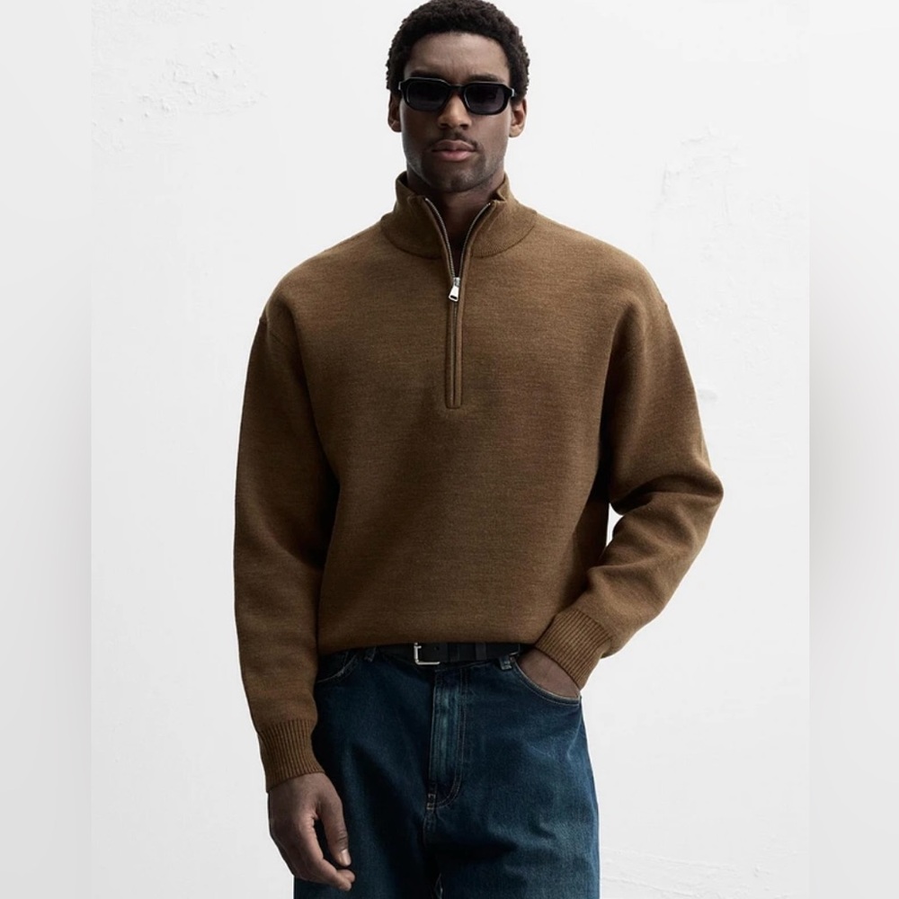 Zara Men's Quarter Zip Sweater Brown Large